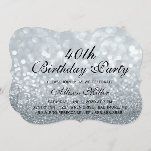 40thシルバーグリッターグラムバースデーパーティー招待状 招待状 (正面/裏面)