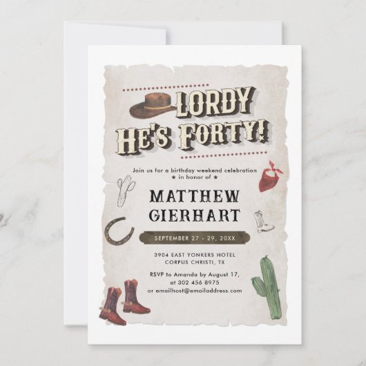 40thバースデーウィークエンドレトロカウボーイブーツパーティー 招待状 (正面)