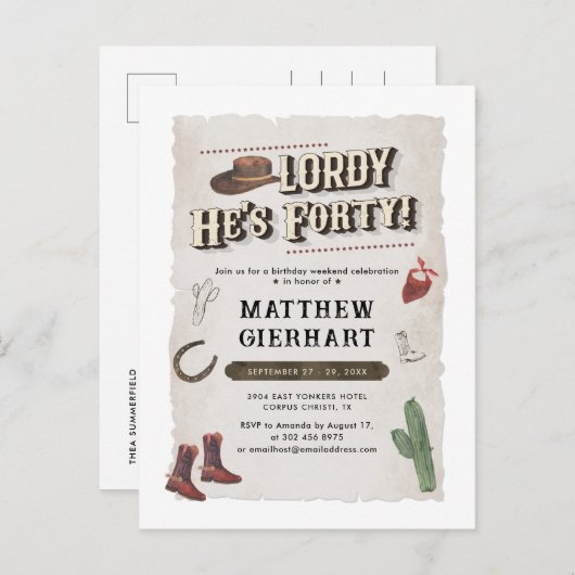 40thバースデーカウボーイロデオパーティーレトロ インビテーションポストカード (正面/裏面)