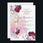 40thバースデーシャンパングラスフローラ誕生日 招待状<br><div class="desc">フローラエレガントシャンパンのガラス、ピンクとブルゴーニュの花模様、ピンクとピンクの色合いの洗い流しの背景を描いた40歳の誕生日の招待とスクリエレガントプトのシグネチャー名。スタイリッシュモダンはシャンパントーストをテーマにした誕生日。</div>