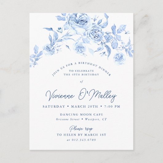 40thバースデーディナーパーティーブルーフローラ インビテーションポストカード (正面)