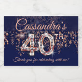 40thバースデーネイビーブルーバラ金ゴールドグリッターカスケード スパークリングワインラベル (シングルラベル)