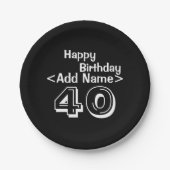 40thバースデーパーソナライズされたブラック紙プレート ペーパープレート (正面)