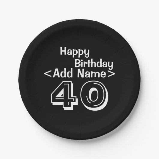 40thバースデーパーソナライズされたブラック紙プレート ペーパープレート (正面)