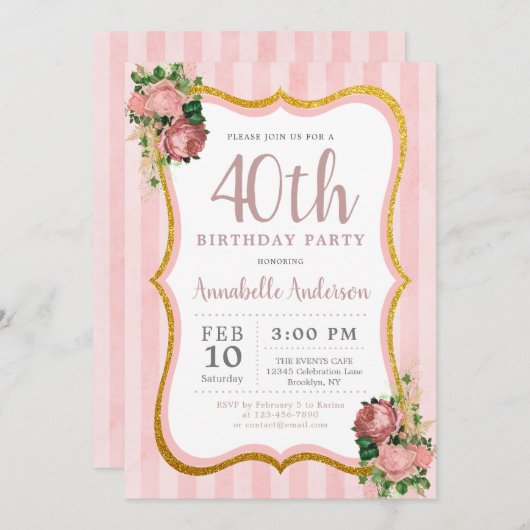 40thバースデーピンクストライプフローラ金ゴールドグリッターシック 招待状 (正面/裏面)