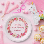 40thバースデーピンクローズ渦巻形のハート ペーパープレート (パーティー)