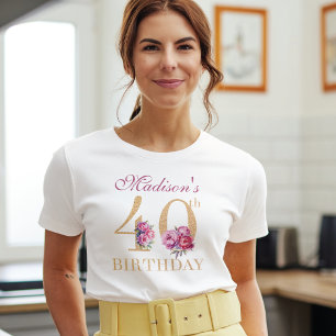40thバースデーピンク牡丹金ゴールドカスタムグリッター tシャツ