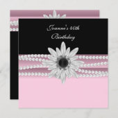 40thバースデーピンク白黒パールフラワー 招待状 (正面/裏面)