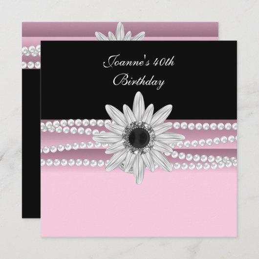 40thバースデーピンク白黒パールフラワー 招待状 (正面/裏面)