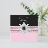 40thバースデーピンク白黒パールフラワー 招待状 (スタンド正面)