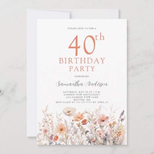 40thバースデーピーチフローラ招待状 招待状 (正面)