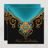 40thバースデーブラックティール(緑がかった色)ブルー金ゴールドジュエル 招待状 (正面/裏面)