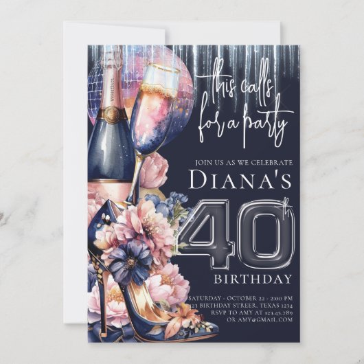 40thバースデーブルーピンクヒールシャンパン 招待状 (正面)