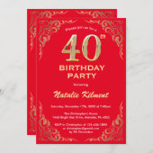 40thバースデーレッドと金ゴールドグリッター枠 招待状 (正面/裏面)