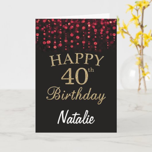 40thバースデーレッドブラックと金ゴールドグリッターカード カード (黄色い花)