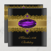 40thバースデーレースエレガントブラックパープル金ゴールド 招待状 (正面/裏面)