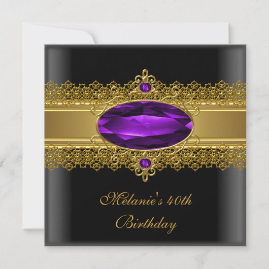 40thバースデーレースエレガントブラックパープル金ゴールド 招待状 (正面)
