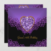 40thバースデーレースブラックシルバー深いパープルハート 招待状 (正面/裏面)