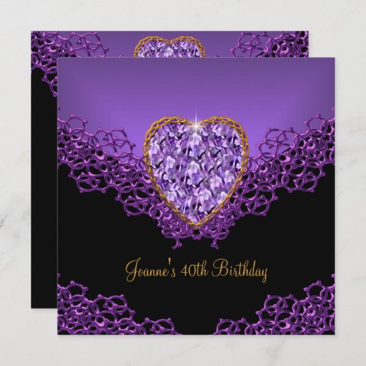 40thバースデーレースブラックシルバー深いパープルハート 招待状 (正面/裏面)