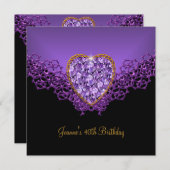 40thバースデーレースブラックシルバー深いパープルハート 招待状 (正面/裏面)