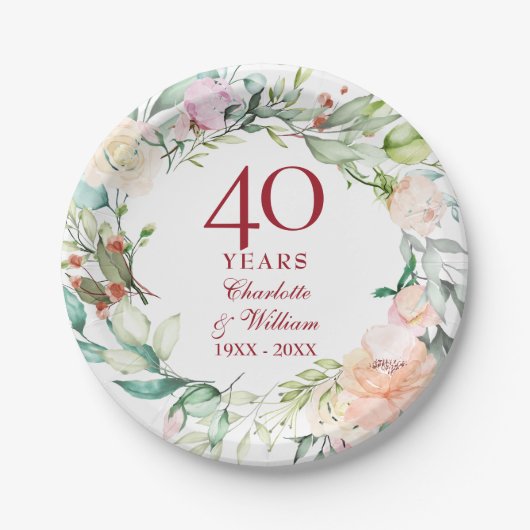 40thルビーの結婚アニバーサリーシックバラフローラ ペーパープレート (正面)