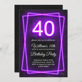 40th四十おもしろいネオンライトレトロブラック誕生日 招待状 (正面/裏面)