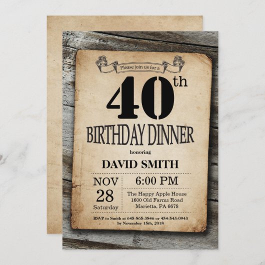 40th素朴誕生日ディナーヴィンテージウッド 招待状 (正面/裏面)