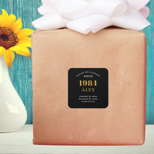 40th誕生日の名前1984ブラック金ゴールドシック スクエアシール