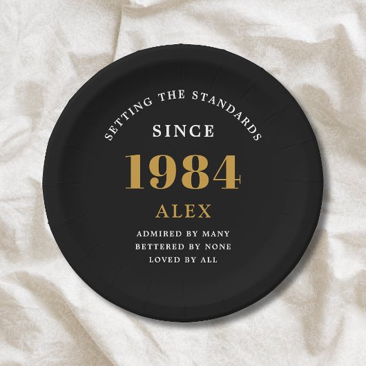 40th誕生日の名前1984ブラック金ゴールドシック ペーパープレート