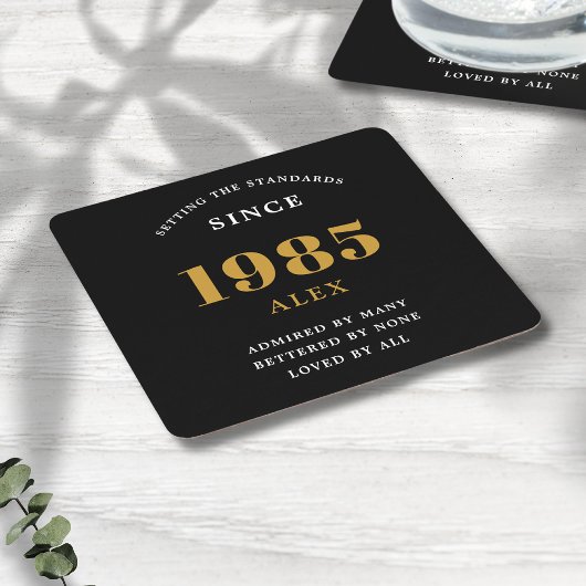 40th誕生日の名前1985ブラック金ゴールドシック スクエアペーパーコースター