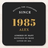 40th誕生日の名前1985ブラック金ゴールドシック スクエアペーパーコースター (正面)