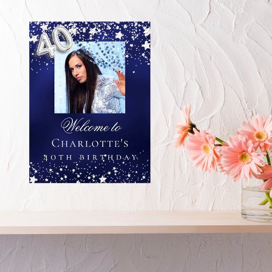40th誕生日の青い銀の星の写真へようこそ ポスター