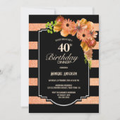 40th誕生日コーラルストライプのフローラディナーパーティー 招待状 (正面)