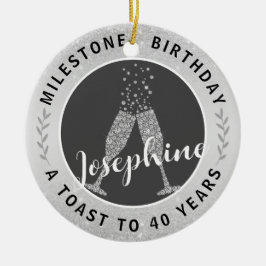 40th誕生日シャンパントースト名シルバーグレイ セラミックオーナメント