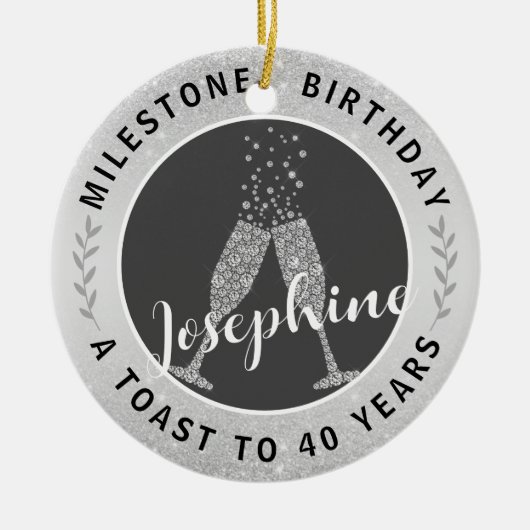 40th誕生日シャンパントースト名シルバーグレイ セラミックオーナメント (正面)