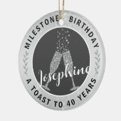 40th誕生日シャンパントースト名シルバーグレイ セラミックオーナメント (左)