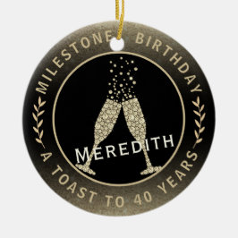 40th誕生日シャンパントースト名金ゴールドブラック セラミックオーナメント