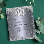 40th誕生日シルバーグリッター予算 チラシ<br><div class="desc">この招待はチラシ紙で非常に薄い。封筒は含まれない。厚い招待状(同じデザイン)は当店を訪ねてほしい。40歳モダンのスタイリッシュ誕生日パーティーへの魅力的な招待。銀フェイク色の背景、飾グリッターの塵。名前とパーティー・詳細のパーソナライズおよび追加40番はバ書ロンスタイルフォント、スクリプト付き。</div>