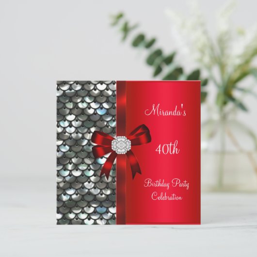 40th誕生日シルバーシークインレッドダイヤモンドボウ 招待状 (スタンド正面)