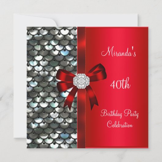 40th誕生日シルバーシークインレッドダイヤモンドボウ 招待状 (正面)