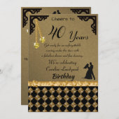 40th誕生日ダンスパーティー黄色ハート宝石ダマスク 招待状 (正面/裏面)