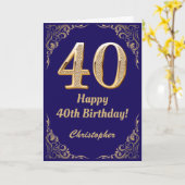 40th誕生日ネイビーブルーと金ゴールドグリッターフレーム カード (黄色い花)