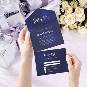 40th誕生日ネイビーブルーシルバーrsvp オールインワン招待状