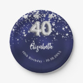40th誕生日ネイビーブルー銀星 ペーパープレート (正面)
