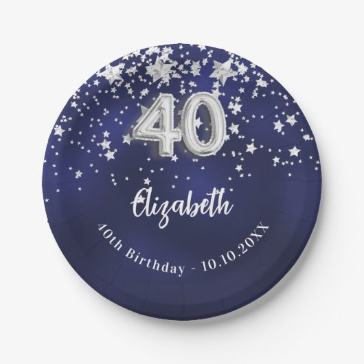 40th誕生日ネイビーブルー銀星 ペーパープレート (正面)
