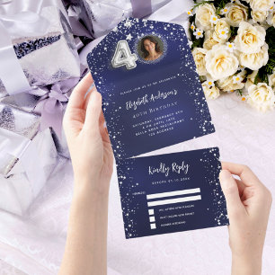 40th誕生日ネイビー青写真シルバースターズsvp オールインワン招待状