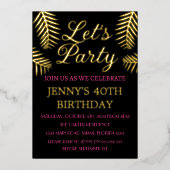 40th誕生日ネオンピンクブラックゴールドフォイルQRコード 箔招待状 (正面)