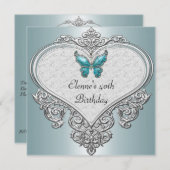 40th誕生日ハートソフトティール(緑がかった色)ブルーバタフライジュエル 招待状 (正面/裏面)