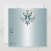 40th誕生日ハートソフトティール(緑がかった色)ブルーバタフライジュエル 招待状 (裏面)