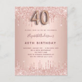 40th誕生日バラ金ゴールドグリッターピンク贅沢 インビテーションポストカード (正面)